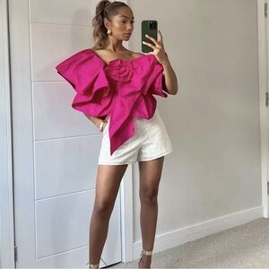 NWT ZARA HOLIDAY RUFFLED TOP FUCHSIA PINK FLOWER ROSE VOLUMINOUS XS